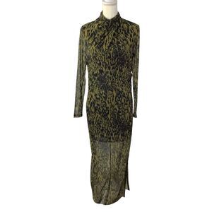 ALLSAINTS Tia Mesh Midi Dress Women US 8 Khaki Green Leopard Camo Grunge Glam